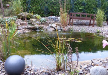 Gartenteich mit Sitzgelegenheit